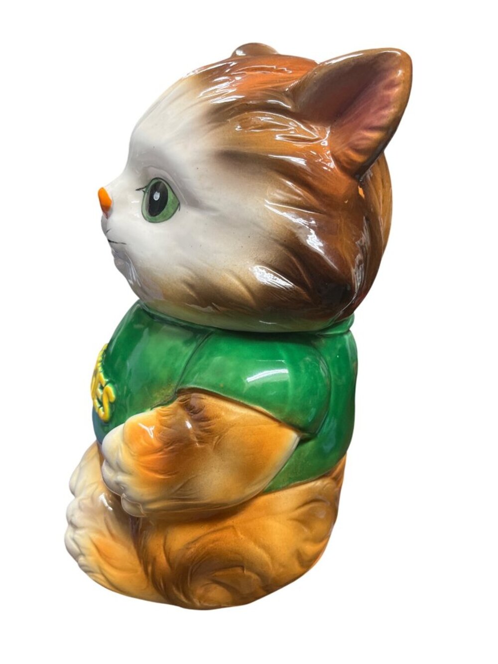 Japan Made vintage 50's brown green cat kitten 10"x7"x5" cooke jar SKU 10-238 - Picture 2 of 16